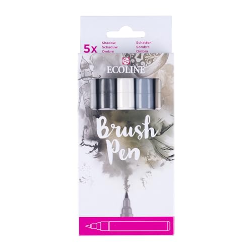 Ecoline Brush Pen-Set mit 5 flüssigen Aquarellstiften – Graufarbtöne | Mischbare Pinselstifte für Handlettering, Zeichnen und Basteln von Ecoline