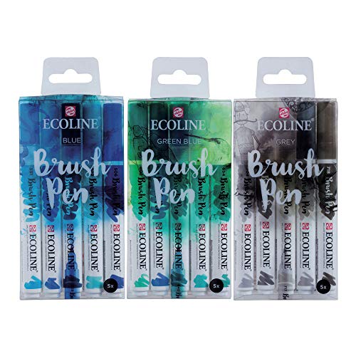 Ecoline Liquid Watercolor Brush Pens, 15 total Markers– Blue, Grey and Green Blue Sets (11509905 + 11509907 + 11509909) von Ecoline