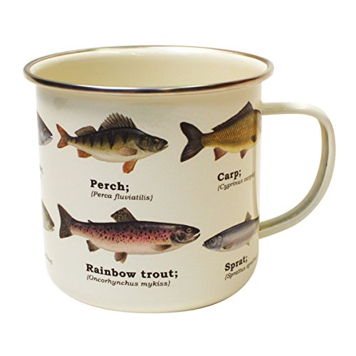 Gift Republic Fish Enamel Mug Ecologie Emaille-Tasse mit verschiedenen Fischarten, weiß, 9.5 cm von GR Gift Republic