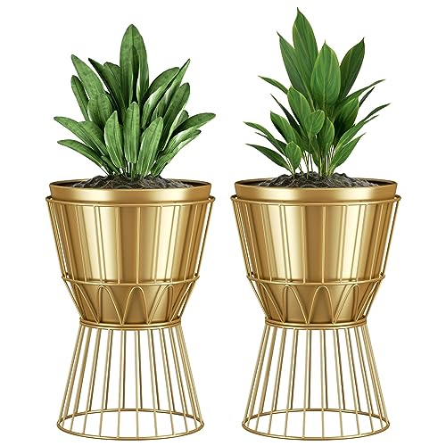 Ecomosita Übertopf mit Ständer, goldfarbener Metall-Blumentopf mit Ständer, 30,5 cm, einzigartige Moderne Blumentöpfe für den Innenbereich mit goldenem Pflanzenständer mit Drainage, 2 Stück von Ecomosita