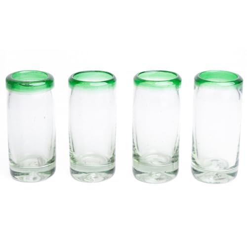 Mexikanischer Tequila-Schnapsglas, handgeblasen, grüner Rand, recyceltes Glas, 4 Stück, je 50 ml, Geschenk von Econia Home and Decor