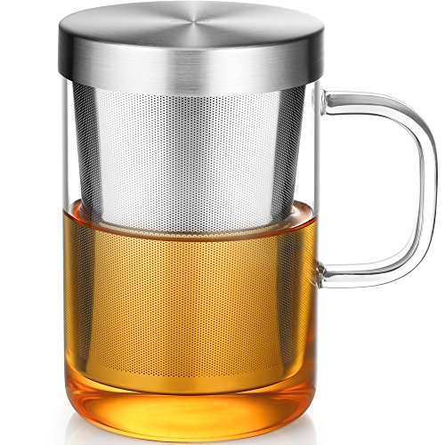 ecooe 500ml(volle Kapazität) Glas Tasse mit Silberne Edelstahl Sieb und Deckel Teeglas Teebecher aus Borosilikat Teetasse von ecooe