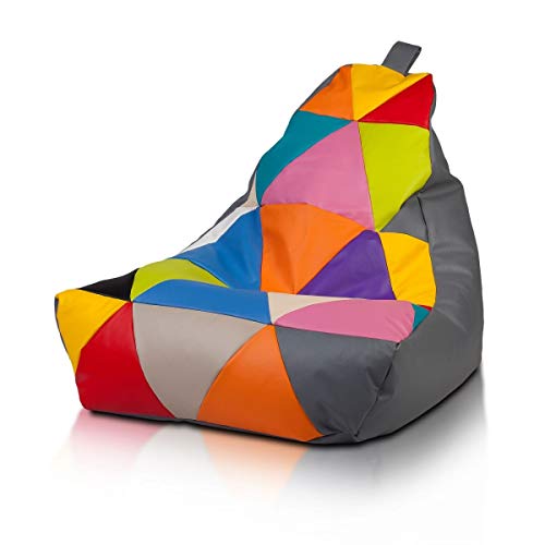 Ecopuf | Sitzsack Kunstleder Keiko Patchwork Größe S - Basic Indoor/Outdoor Pouf Grau - Sitzpouf Schmutzabweisend und Reißfest - Polystyrolpolsterung - mit Doppelreißverschluss und Griff von Ecopuf