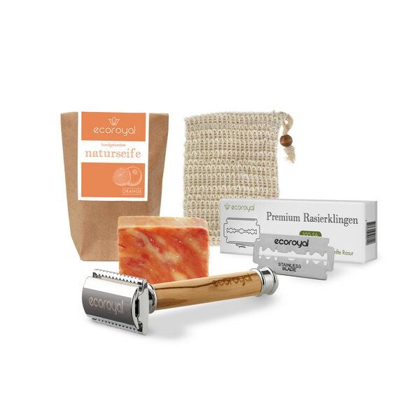 EcoRoyal Rasierhobel Set Olivenholz - inkl.100 Rasierklingen und mehr von Ecoroyal