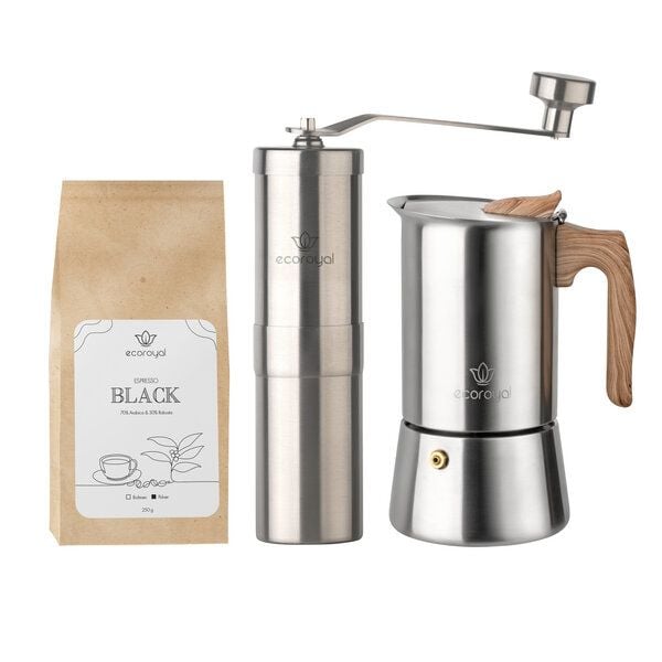 Ecoroyal Kaffeemühle manuell + Edelstahl Espressokocher 200 ml + 250g Bohnen von Ecoroyal