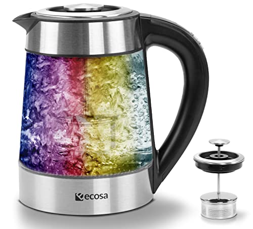 Glas Wasserkocher mit Teesieb und Kalkfilter | 1,7 Liter | Temperatureinstellung 40°C-100°C | 2200 W | Edelstahl mit Temperaturwahl | 100% BPA FREI | Warmhaltefunktion | LED Beleuchtung im Farbwechsel von ecosa