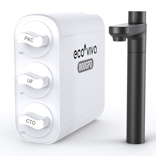 Ecoviva Untertisch Wasserfilter 800G 0.01µm Ultrafiltration | 0 Abwasser & stromlos | NSF Zertifiziert | Entfernt Schwermetalle | 9-Stufen | Schwarzer Wasserhahn von Ecoviva