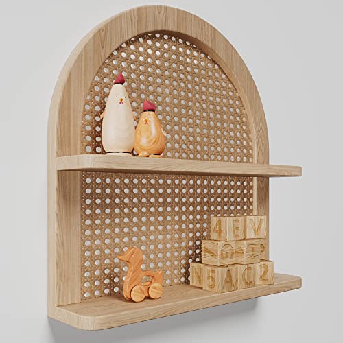 2 Etagen Fächerförmiges Rattan Wandregal Kinderzimmer Regal für Wandaufbewahrung Natürliches Kiefernholz Wicker Wandregal Boho Regal für Netural Kinderzimmer Dekor Dekoratives Regal für Wohnzimmer, von Ecowillon
