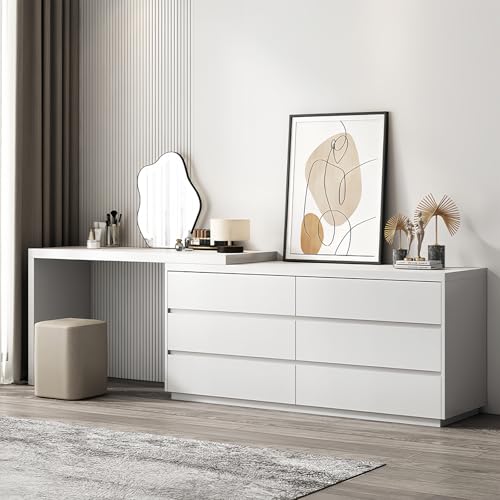 Ecoxsnz Schminktisch Kommode mit 6 Schubladen, 120 cm Kommode mit Regal, Eck Frisiertisch nebeneinander oder L-förmig für Schlafzimmer, Arbeitszimmer (Weiß, 120 x 40 x 70 cm) von Ecoxsnz