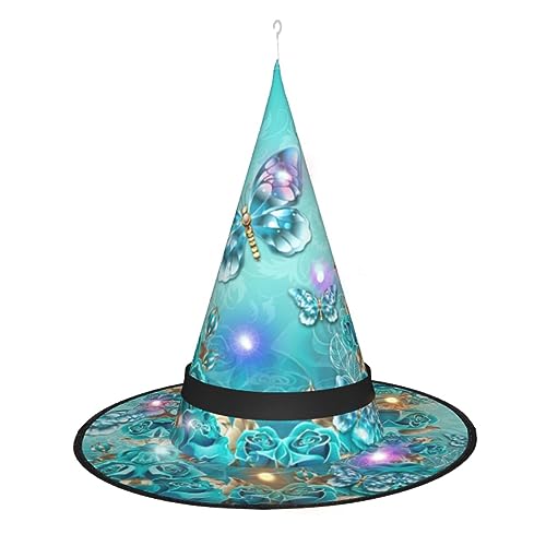 EdWal Beleuchtete Zauberermütze, Halloween-Hexenhut, hängende Hexenhut, für den Außenbereich, Garten, Innenbereich, Party, hellblauer Schmetterling von EdWal