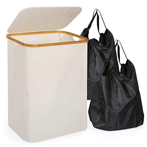 Edaygo Wäschekorb Faltbar 140 l, mit Deckel & 2 herausnehmbare Wäschesäcke, Wäschesammler Wäschebox Wäschetonne, 57 x 38 x 67 cm, Beige von Edaygo