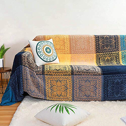 Edcooy Boho-Decke, Chenille-Quasten, Überwurfdecken für Bett, Couch, weiche Stuhl, böhmische Fransenquasten (blau, groß, 220 x 260 cm) von Edcooy