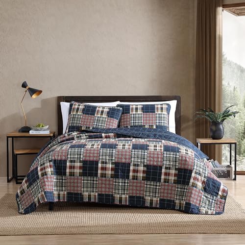 Eddie Bauer - Bettwäsche-Set für Doppelbett, Baumwolle, Wendebettwäsche mit passendem Kissenbezug, leichte Heimdekoration für alle Jahreszeiten (Madrona-Marineblau/Rot, Doppelbett) von Eddie Bauer