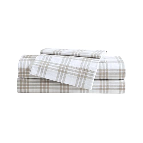 Eddie Bauer Queen-Bettwäsche-Set, Baumwoll-Perkal-Bettwäsche-Set, super weich und gemütlich, Heimdekoration, Öko-Tex-Zertifiziert (Basic Plaid Beige, Queen) von Eddie Bauer