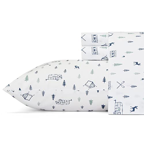Eddie Bauer Sheet Baumwoll-Perkal-Bettwäsche-Set, frisch und cool, stilvolle Heimdekoration, Campout Weiß/Marineblau, Volle Größe von Eddie Bauer
