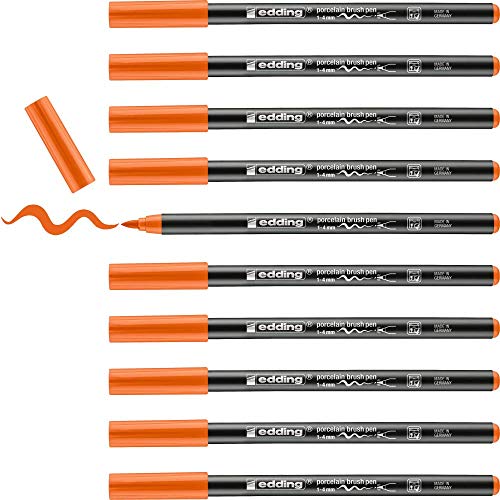 edding 4200 Porzellanpinselstift - orange - 10 Stifte - Pinselspitze 1-4 mm - Filzstift zum Beschriften u. Dekorieren von Keramik, Porzellan - spülmaschinenfest, lichtechte Tinte, schnell trocknend von edding