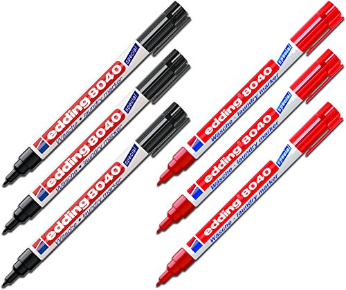 Edding Wäschemarker 8040 (Kombi-Set: 3 × Schwarz + 3 × Rot) von edding