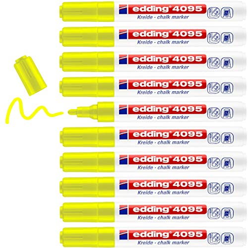 edding 4095 Kreidemarker - neon-gelb - 10 Kreidestifte - Rundspitze 2-3 mm - Kreidestift für Tafel abwischbar - zum Beschriften von Fenster, Glas, Spiegel - Tafelstift mit deckenden Farben von edding