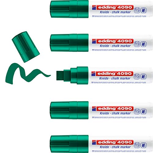 edding 4090 Kreidemarker - grün - 5 Kreidestifte - Keilspitze 4-15 mm - breiter Kreidestift für Tafel abwischbar - zum Beschriften von Fenster, Glas, Spiegel - Tafelstift mit deckenden Farben von edding
