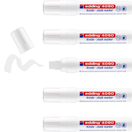 edding 4090 Kreidemarker - weiß - 5 Kreidestifte - Keilspitze 4-15 mm - breiter Kreidestift für Tafel abwischbar - zum Beschriften von Fenster, Glas, Spiegel - Tafelstift mit deckenden Farben von edding