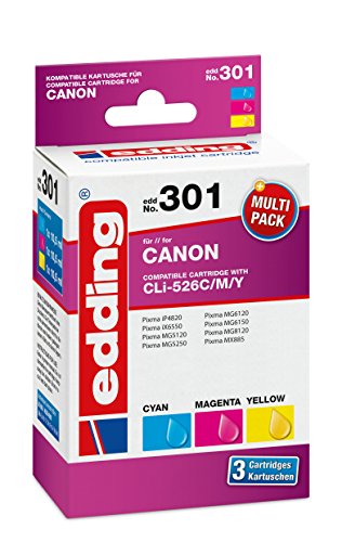 edding Druckerpatrone EDD-301 - Multipack 3 - Cyan, Magenta, Gelb - 3x 10,5 ml - Reichweite 3x 660 Seiten - Ersetzt Canon CLI-526C/M/Y von edding