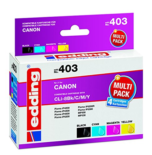 edding Druckerpatrone EDD-403 - Multipack 4 - Schwarz, Cyan, Magenta, Gelb - 4x 15,5 ml - Reichweite 4x 965 Seiten - Ersetzt Canon CLI-8BK/C/M/Y von edding