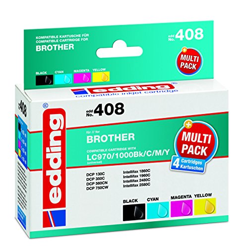 edding Druckerpatrone EDD-408 - Multipack 4 - Schwarz, Cyan, Magenta, Gelb - 4x 22 ml - Reichweite 1x 680 3x 2255 - Ersetzt Brother LC970/1000BK/C/M/Y Multipack 4 von edding