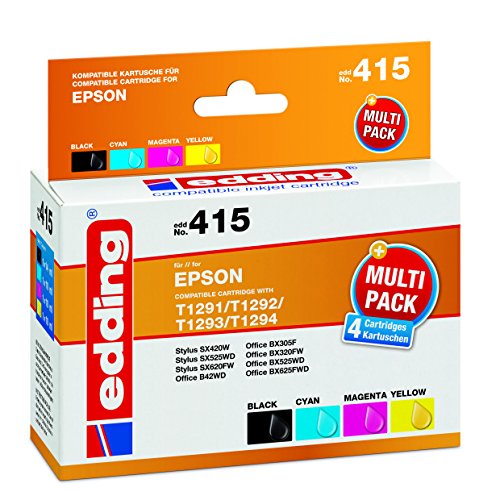 edding Druckerpatrone EDD-415 - Multipack 4 - Schwarz, Cyan, Magenta, Gelb - 1x 14 ml + 3x 10 ml - Reichweite 1x 485 3x 500 Seiten - Ersetzt Epson T1291/T1292/T1293/T1294 von edding