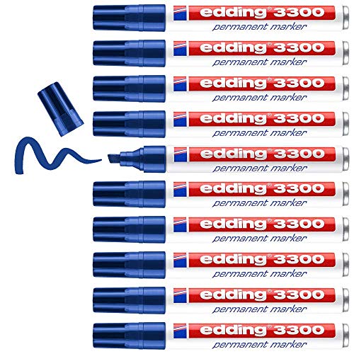 edding 3300 Permanentmarker - blau - 10 Stifte - Keil-Spitze 1-5 mm - schnell trocknender Permanent Marker - wasserfest, wischfest - für Karton, Kunststoff, Holz, Metall - Universalmarker von edding