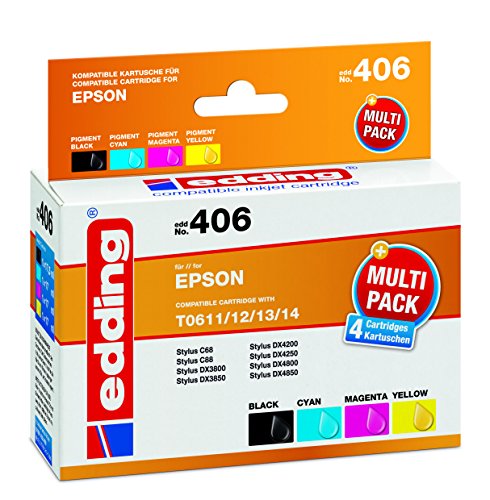 edding Druckerpatrone EDD-406 - Multipack 4 - Schwarz, Cyan, Magenta, Gelb - 1x 17,5 ml + 3x 17 ml - Reichweite 1x 350 3x 400 Seiten - Ersetzt Epson T0611/T0612/T0613/T0614 von edding