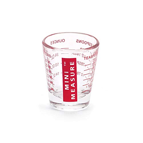 Mini-Messbecher, Schnapsglas-Größe, robustes Glas, Vielseitig, für Flüssigkeiten und Trockenstoffe, 26 Maßangaben für Teelöffel, Esslöffel, Unzen und milliliter Rot 1 ounce rot von Kolder