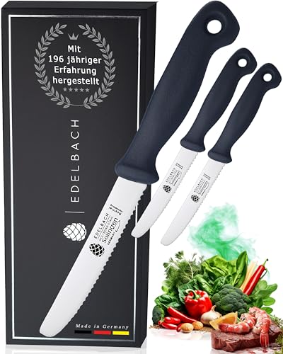 Edelbach Solingen Küchenmesser Set | 3x 'Perfect' Tafelmesser m. Wellenschliff | Ultrascharf Messerset Made in Germany | Frühstücksmesser, Gemüsemesser, Steakmesser, Brötchenmesser, Küchenmesser von Edelbach