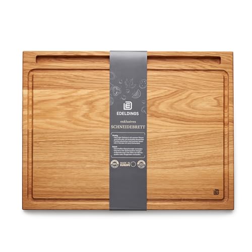 Edeldings Schneide- und Servierbrett aus hochwertiger Eiche 40 х 30 cm groß mit Saftrille und Tablethalterung | Antibakterielles Küchenbrett | Servierbrett, Frühstücksbrett, Holzbrett aus massiv Holz von Edeldings