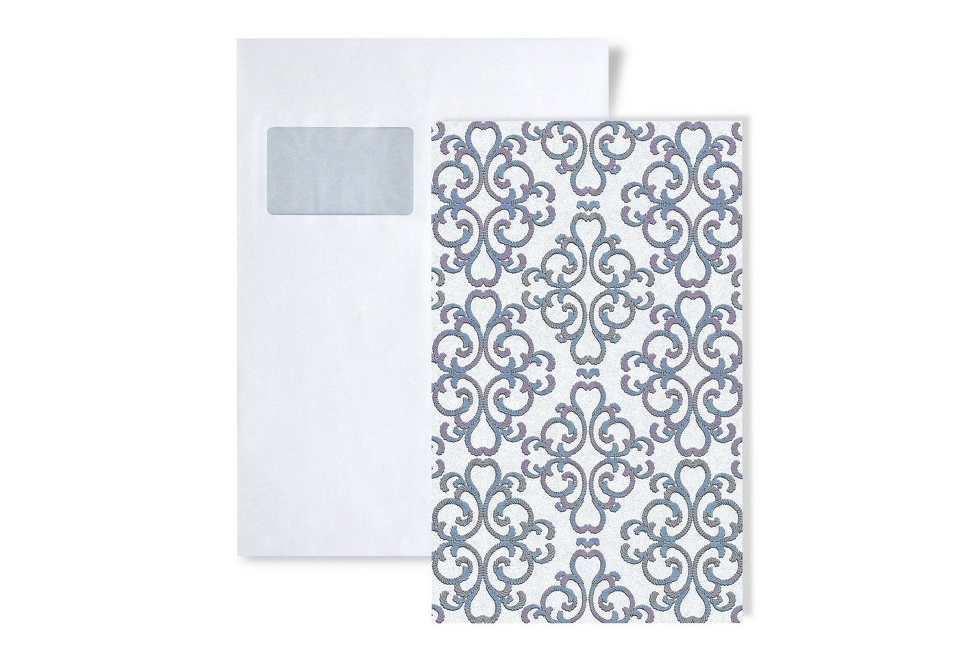 Edem Papiertapete S-85037BR30, glänzend, ornamental, Strukturmuster, Barock-Style, (1 Musterblatt, ca. A5-A4), weiß, türkis-blau, lila, silber von Edem