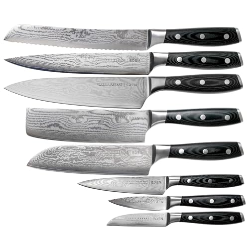 Eden Classic Damast 8-teiliges Messerset EQ2030-S08 Umfangreiches Messerset inklusive Fleischmesser, Kochmesser, Schälmesser, Brotmesser, Nakiri, Santoku, Officemesser und Universalmesser, Damaststahl von Eden Quality Products