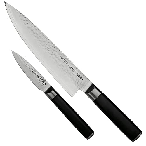 Eden Hammered Damast 2031-S01, 2-teiliges Küchenmesserset, Kochmesser 20 cm und Officemesser 9 cm, G10 schwarz Griff, Gehämmerte Klinge aus AUS-10 Damaststahl von Eden Quality Products