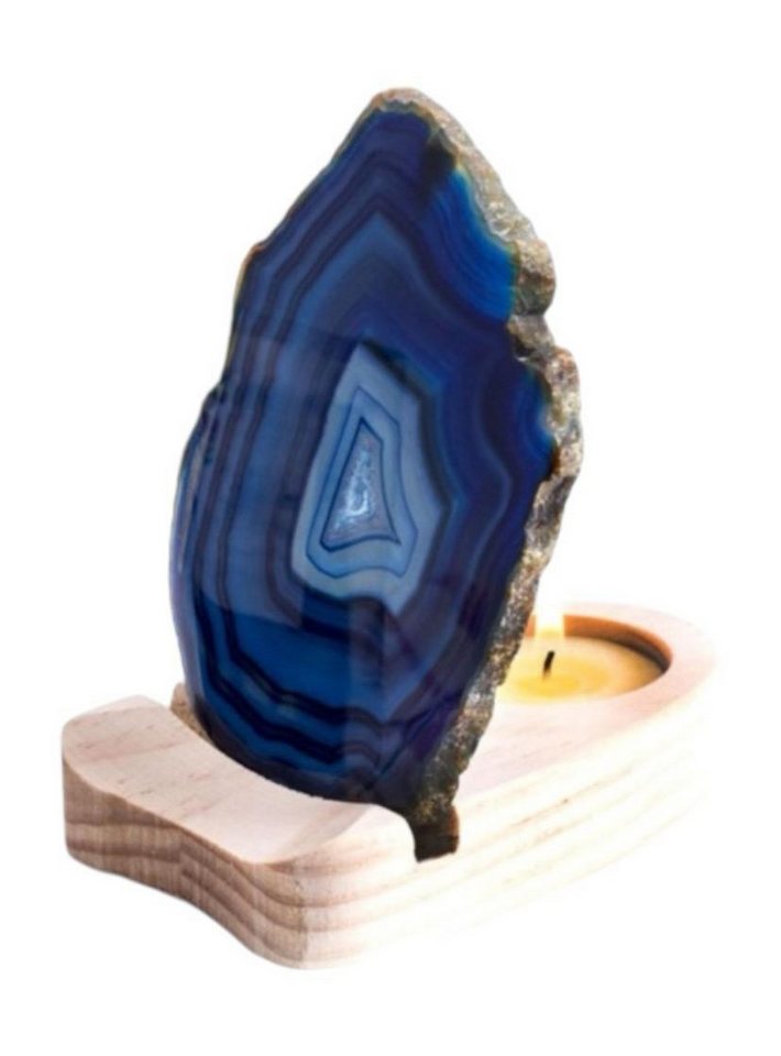 Eden Stone Edelstein Edelstein Lampe Achat Teelicht Blaue Achatscheibe Teelichthalter Holz, (1-St) von Eden Stone