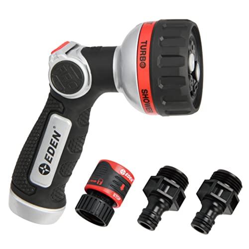 Eden 94814 Pro Metall Daumensteuerung 6 Muster Turbo Düse mit Schnellverbinder Starter Set, Hochdruck Gartensprüher für Schlauch von Eden