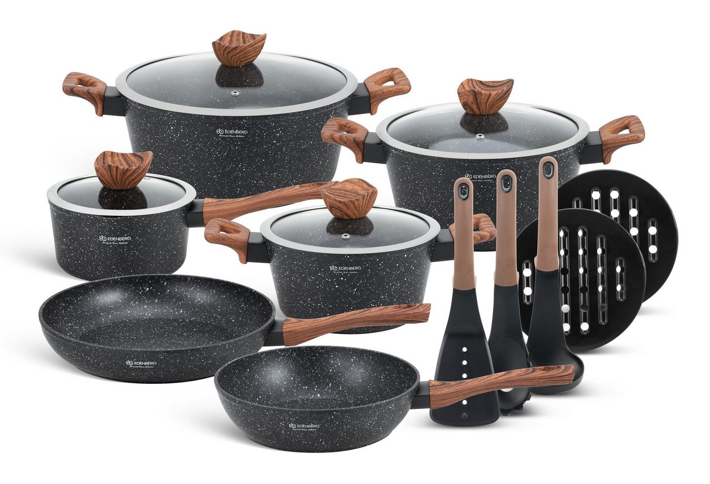 Edenberg Topf-Set Schöne Schwarze Töpfe in 3 Größen mit Pfannen und Kasserolle, Aluminium, Aluminiumguss, Keramik (Dieses wunderschöne Topfset in elegantem Mattschwarz mit feinen weißen Sprenkeln ist die perfekte Geschenkidee für jeden Anlass – stilvoll, hochwertig und praktisch zugleich, 15-tlg) von Edenberg