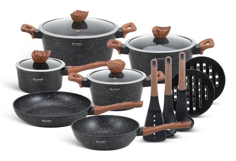 Edenberg Topf-Set Schöne Schwarze Töpfe in 3 Größen mit Pfannen und Kasserolle, Aluminium, Aluminiumguss, Keramik (Dieses wunderschöne Topfset in elegantem Mattschwarz mit feinen weißen Sprenkeln ist die perfekte Geschenkidee für jeden Anlass – stilvoll, hochwertig und praktisch zugleich, 15-tlg) von Edenberg