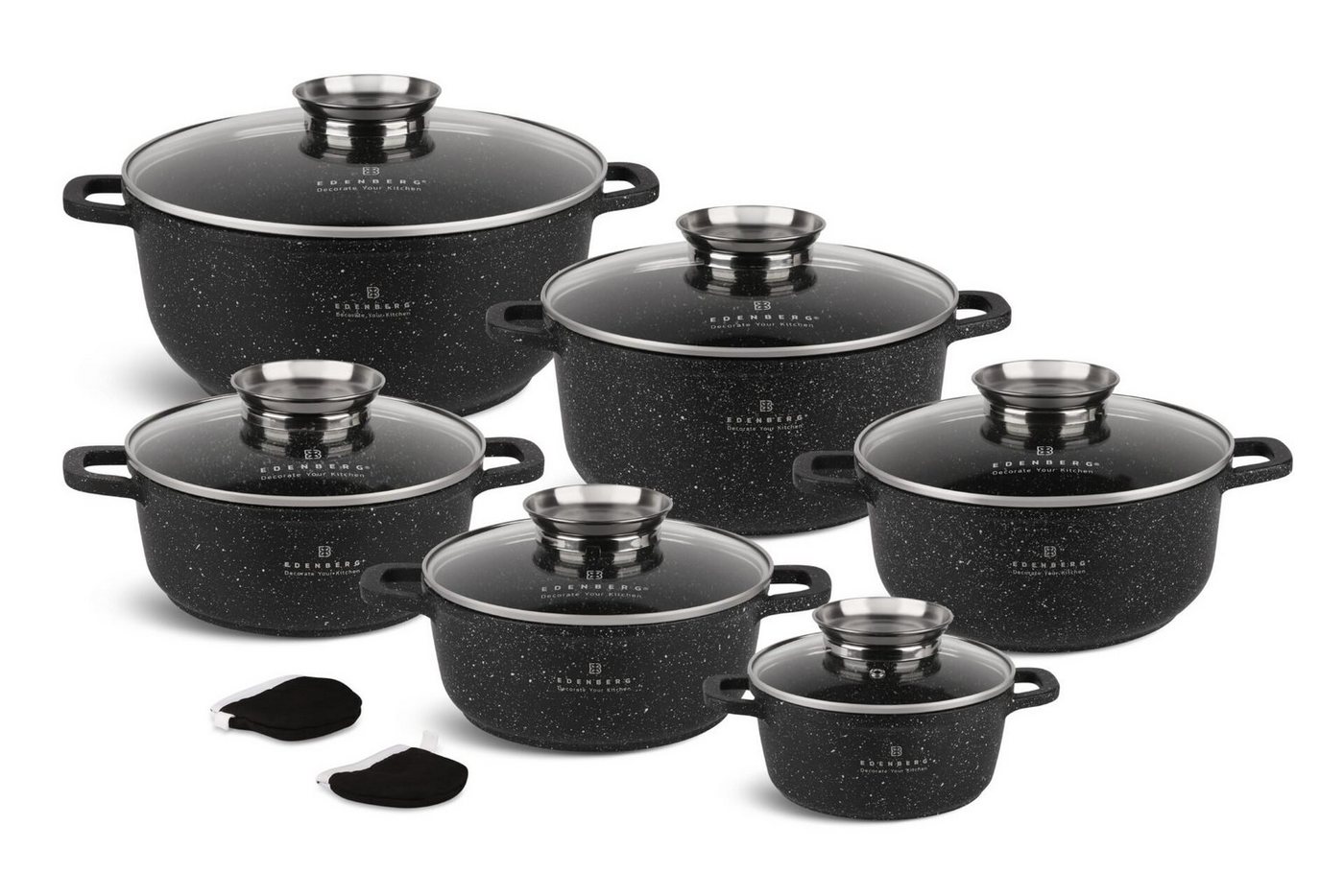 Edenberg Topf-Set Topfset, schwarze Töpfe, Glasdeckel, 6,8L/4,5L/3,2L/2,3L/2,3L/1,3L, Aluminium, Keramik (12-tlg., Zeitloses Design des Topfsets. Eine ideale Geschenkidee) von Edenberg