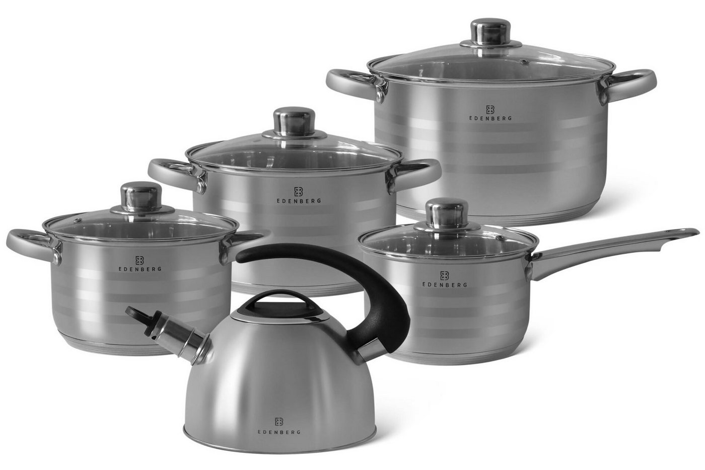 Edenberg Topf-Set Topfset silberne Töpfe Kasserolle Wasserkocher Edelstahl, Edelstahl 18/10 (9-tlg., Zeitloses Design des Topfsets. Eine ideale Geschenkidee) von Edenberg