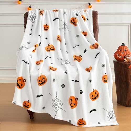 Edenleaf Weiche, gemütliche Halloween-Decke, gruseliger Kürbis, Fledermaus, Spinnennetz-Druck, weiße Überwürfe für Couch, Bett, Heimdekoration, Geschenke, flauschige Fleece-Halloween-Überwurfdecke für von Edenleaf