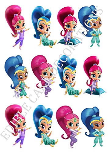 12 x Shimmer and Shine Kuchen- und Backwarendekoration aus Esspapier stehend von Ediblecakedecorations