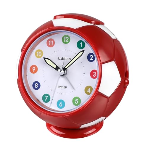 Edillas Wecker Kinder Jungen Mädchen,Fußball Wecker Analog Geräuschlos Ohne Ticken mit Licht Schlummerfunktion für Kinder Schlafzimmer Nachttisch Tisch Aufwachenuhr (Dunkelrot) von Edillas