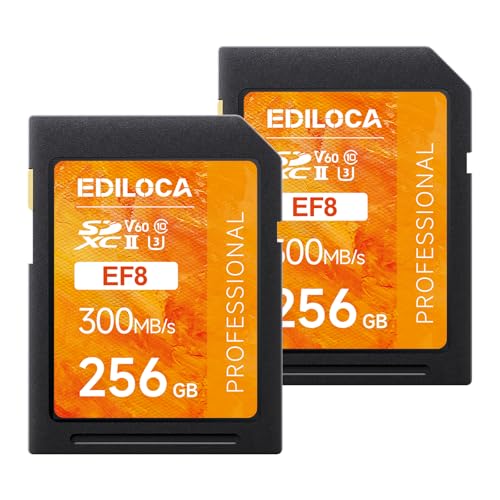 SD Karte UHS II SDXC 256GB 2er-Pack, Profi Speicherkarte SD mit Bis zu 300 MB/s Lesen & 160 MB/s Schreiben, V60, U3, Class 10 – 4K/6K Video, DSLR, Gaming, Actionkameras (EF8 256GB-2 Pack) von Ediloca