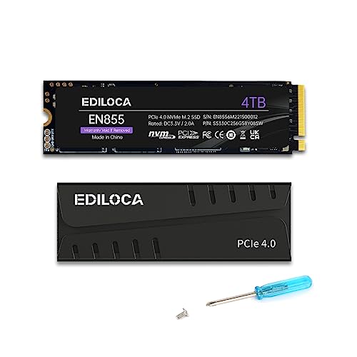 Ediloca Interne Gaming SSD mit Kühlkörper, 4 TB bis zu 7400 MB/s, PCIe Gen4, NVMe1.4 M.2 2280, 3D NAND TLC, Internes Solid State Drive, 4GB DRAM-Cache konfigurieren, kompatibel mit PS5 und PC(EN855) Ediloca Interne Gaming SSD mit Kühlkörper, 4 TB bis zu 7400 MB/s, PCIe Gen4, NVMe1.4 M.2 2280, 3D NAND TLC, Internes Solid State Drive, 4GB DRAM-Cache konfigurieren, kompatibel mit PS5 und PC(EN855) von Ediloca