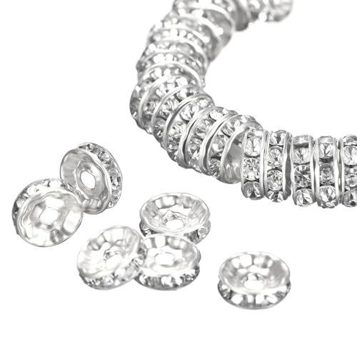 Edinstry Strass-Rondelle-Abstandshalter, versilbert, Kristall, runde Abstandshalter, lose Perlen für DIY-Schmuckherstellung, Zubehör für Armbänder und Halsketten, Silberweiß, 2,3 x 12 mm, 100 Stück von Edinstry
