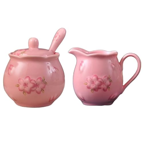 Keramik Zucker und Milchkännchen Set, Sakura Creme & Zucker Set, 1 Zuckerdose mit Deckel & Löffel (245ml), 1 Milchkännchen (225ml), handgefertigte Zucker Milchkännchen Set, Kaffee Serving Set,A von EdirFtra