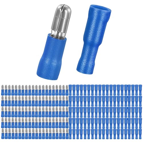Editbar 100 Stück 0.5-1.5mm² Kabelschuhe – Rundstecker Blau und Rundsteckhülsen Blau für KFZ, Motorrad, Elektrik, Quetschverbinder, Isolierte Schnellverbinder aus Kupfer mit PVC Hülle von Editbar
